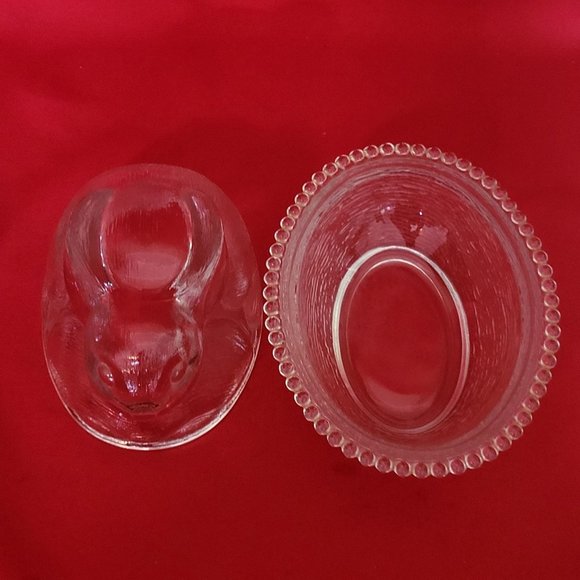 VTG Clear Glass Bunny Rabbit Covered Trinket Oval Candy Beaded Dish Translucent - Picture 6 of 15